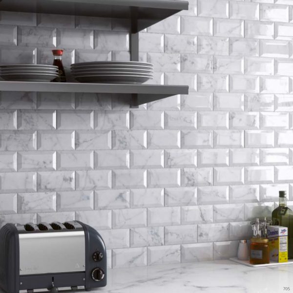 Carrara Series Marble Effect Bevel Gloss Ceramic Wall Tiles in kitchen